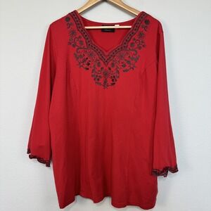Bob Mackie Shirt Womens XL Red Gray Embroidered‎ Tunic Top Long Sleeve Boho Art